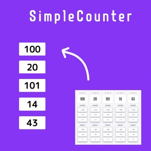 May include: A purple graphic with the text "SimpleCounter" in white. The image displays a counter with numbers: 100, 20, 101, 14, and 43. There is also a table with buttons and numbers.