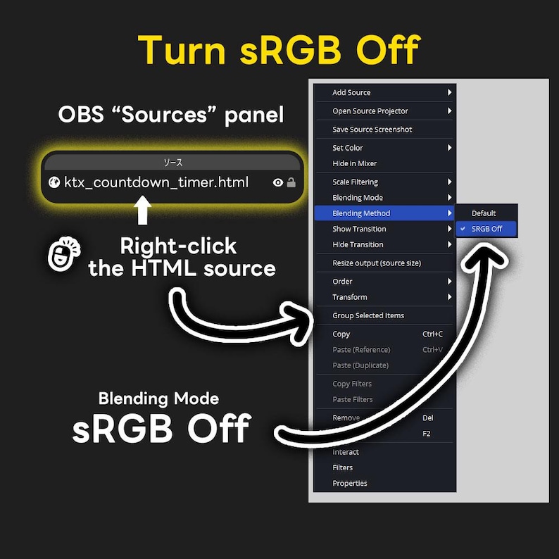 May include: A screenshot showing how to disable sRGB in OBS. The image highlights the OBS "Sources" panel, the HTML source, and the menu to select "Blending Method" and then "sRGB Off". Text includes "Turn sRGB Off" and "Right-click the HTML source".