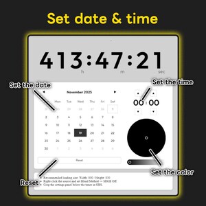 May include: A digital interface with the text "Set date & time" at the top. The display shows a timer with hours, minutes, and seconds. Below, a calendar for November 2025 is visible, along with controls to set the date, time, and colour. A reset button is also present.