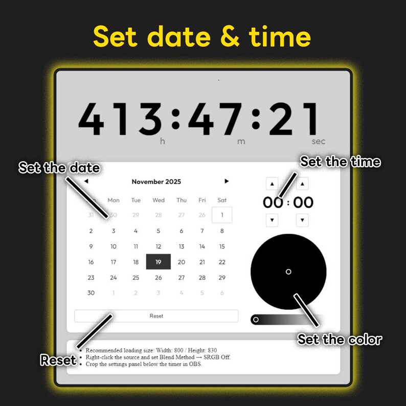 May include: A digital interface with the text "Set date & time" at the top. The display shows a timer with hours, minutes, and seconds. Below, a calendar for November 2025 is visible, along with controls to set the date, time, and colour. A reset button is also present.