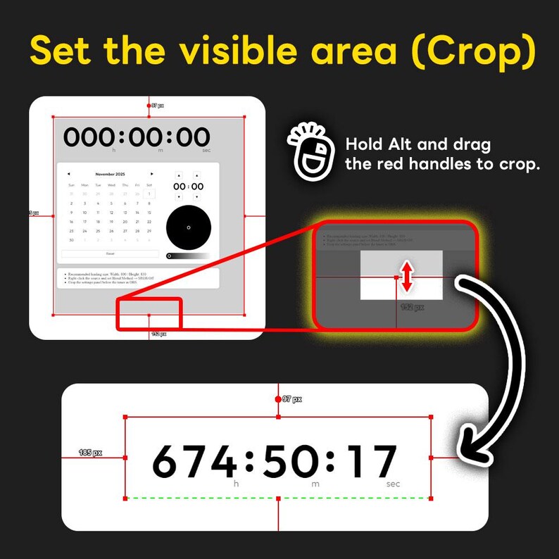 May include: Image demonstrating how to crop an image. The text says "Set the visible area (Crop)" and features a timer display showing "000:00:00" and "674:50:17". The instructions also include "Hold Alt and drag the red handles to crop."