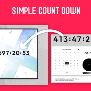 May include: A digital countdown timer with the text "SIMPLE COUNT DOWN" in white. The timer displays the time remaining in hours, minutes, and seconds. A calendar shows the month of November 2025. The background is a vibrant red.