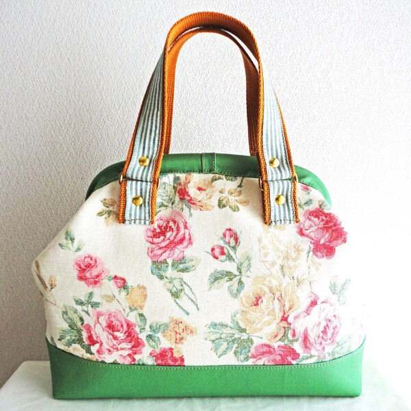 Shabby chic floral Doctor bag with Green bottom, frame bag