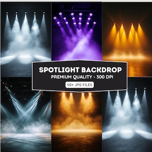 以下が含まれることがあります： 白、紫、オレンジなど、さまざまな色のスポットライトを備えたステージ背景のコレクション。煙のような背景に光のビームが映し出されています。「SPOTLIGHT BACKDROP」と「PREMIUM QUALITY - 300 DPI」のテキストが表示されています。