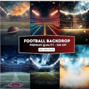 Può includere: Una collezione di sfondi digitali a tema football americano. Le immagini mostrano scene di stadio con un pallone da football, pali della porta ed effetti di luce dinamici. Il testo sull'immagine recita "FOOTBALL BACKDROP, PREMIUM QUALITY - 300 DPI, 90+ JPG FILES."