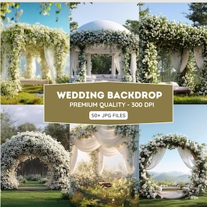 May include: A collage of wedding backdrops featuring floral arches, gazebos, and draped fabric. The backdrops are adorned with white flowers and greenery, creating an elegant and romantic atmosphere. The text "WEDDING BACKDROP" is displayed.