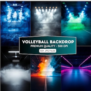 Könnte beinhalten: Eine Collage von sechs Volleyball-Court-Hintergründen mit dramatischer Beleuchtung und Nebeleffekten. Die Hintergründe zeigen Volleyballnetze und verschiedene Farbschemata, darunter Blau, Grün, Orange und Lila. Der Text auf dem Bild lautet "VOLLEYBALL BACKDROP" und "50+ JPG FILES."