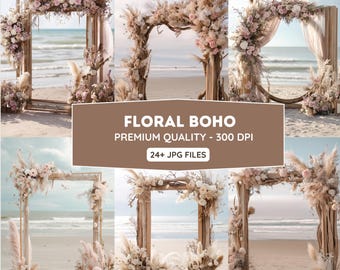 Floral Boho Digital Hintergrund: Beige Hochzeit Fotografie Overlay (PNG Download)