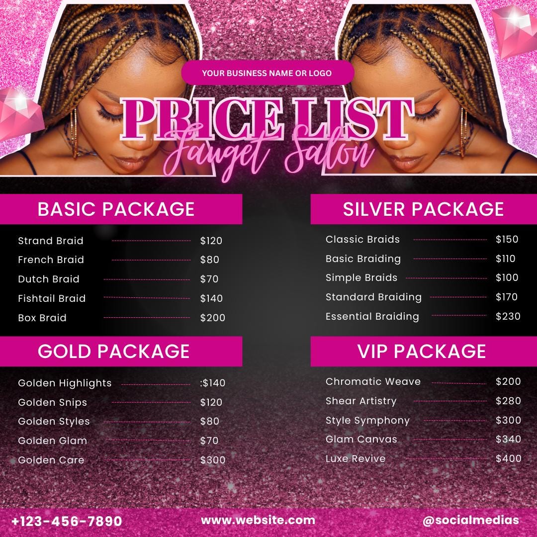 Braids Pricelist,diy Flyer Template Design,canva Editable,hair Styles ...