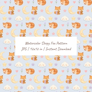 Modèle sans couture aquarelle renard endormi | Clipart animal de chambre d'enfant | Design bébé lune et nuages | Téléchargement instantané JPG