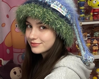 Ręcznie robiona czapka z leśnymi grzybami, zimowa czapka z dzianiny w mech, estetyczna ciepła i puszysta czapka Cottagecore Fairycore dla kobiet i dziewcząt
