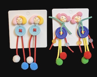 Handmade Doll Face Button Earrings | Colorful Pom Pom Drop Earrings | Cute Quirky Jewelry Gift for Her
