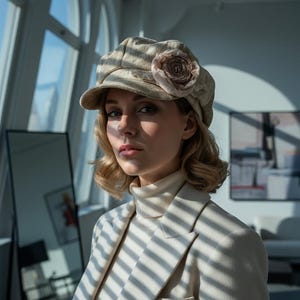 Könnte beinhalten: Beige Newsboy-Cap mit dekorativer Rose. Getragen mit passendem Blazer und Rollkragenpullover. Das Outfit in neutralen Tönen schafft einen klassischen und eleganten Look.
