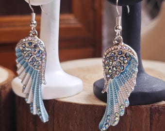 Handmade Gothic Angel Wing Earrings, Blue Gradient Wing Dangle Jewelry, Fantasy Celestial Style Earrings for Gifts & Alternative Fashion