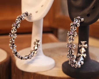 Handmade Gothic Cross Hoop Earrings with Purple Crystal Accents, Alternative Punk Style Statement Jewelry for Party & Daily Wear