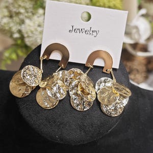 Handmade Gold Textured Disc Dangle Earrings, Statement Hammered Metal Earrings for Party or Anniversary Looks
