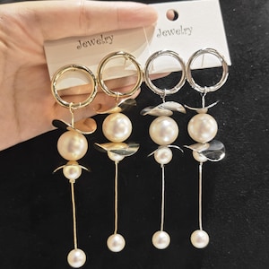 Handmade Dangle Pearl Earrings, Modern Sculptural Drop Jewelry, Minimalist Party Accessories, Statement Metal Look Earrings