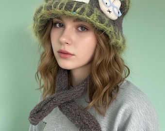 Handmade fuzzy bunny ear winter hat, crochet plush beanie with faux fur trim, cute glasses bunny decor, cozy cottagecore fairycore warm cap