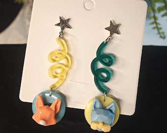 Asymmetrical Fox Cat Earrings Star Top Acrylic Drop | Handmade Animal Jewelry Cute Gift