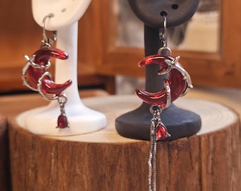 Handmade Earrings, Gothic  Red Crescent Moon Halloween Earrings, Unique Earrings, Witchy Moon Pendant, Silver Chains