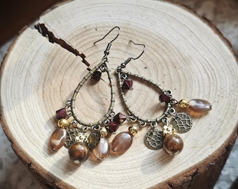 Handgemaakte oorbellen, boho vintage hangoorbellen met kralen en koperen bladeren, herfstsieraden voor dames