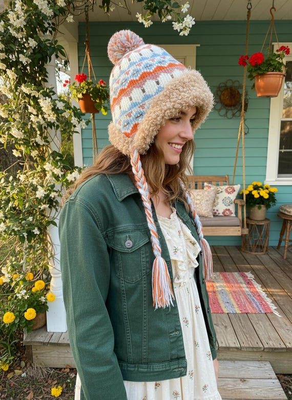 Handmade Knit Earflap Winter Hat, Fair Isle Pattern Warm 