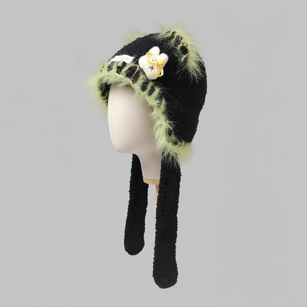 Handmade Fuzzy Bunny Ear Winter Hat, Crochet Plush Beanie With Faux Fur ...