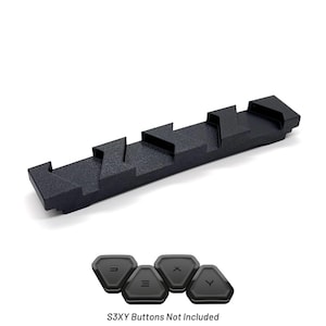 Puede incluir: Un dispositivo rectangular negro y texturizado con una serie de cortes angulados. Debajo hay cuatro botones triangulares negros con letras blancas. El texto "S3XY Buttons Not Included" está debajo de los botones.