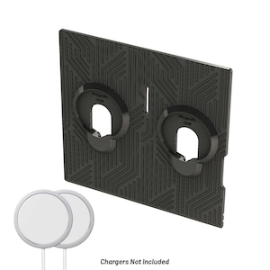 May include: Black charging station with two circular charging ports and a geometric pattern. The text "Chargers Not Included" is at the bottom. Two white charging pads are shown below the station.