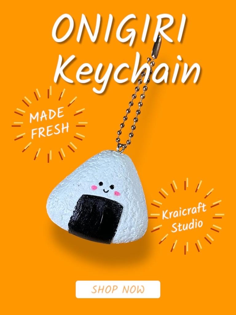 Handmade Onigiri Keychain - Cute Japanese Rice Ball Charm - Air Dry Clay & Acrylic Paint