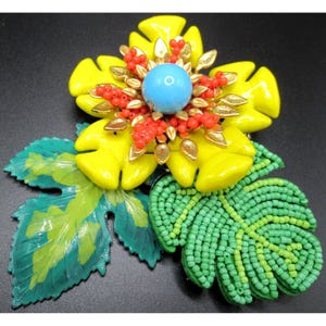 LAWRENCE VRBA gigantische 5&quot; levendige geelrode en blauwe bloemspeldbroche