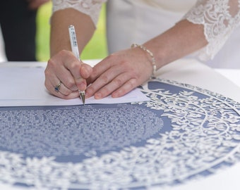 Blooming Tree Ketubah Oval in Dusty Blue, Papercut Tree Ketubah