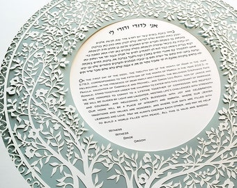 Blooming Tree Ketubah Circle in Sage Green, Modern Papercut Ketubah