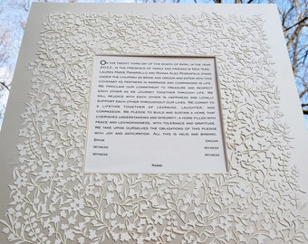 Flowery Lace Square Ketubah in Opal, Modern Papercut Ketubah