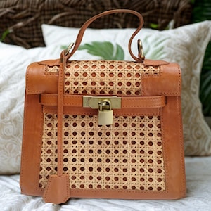 Handmade Rattan and Leather Top Handle Shoulder Bag – Eco-Friendly Bag, Rattan Sling Bag, Boho Chic Cane Woven Purse, Rattan Crossbody Bag