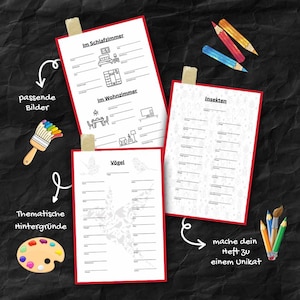 Puede incluir: Tres hojas de papel blancas con bordes rojos están pegadas a un fondo negro. Las hojas tienen texto e ilustraciones en alemán. Una hoja dice "Im Schlafzimmer" e "Im Wohnzimmer". Otra dice "Insekten" y la última "Vögel". Lápices de colores y pinceles también están en la imagen.