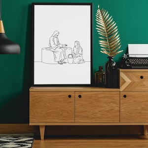 Jesus and The Woman Wall Art, Christian Line Art, Scripture Print, Jesus Poster Print, Christian Digital Art For Home, Religious Artwork