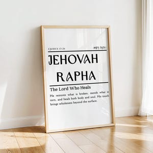 Póster de la fe de Jehová Rapha, impresión digital de los nombres hebreos de Dios, impresión del versículo bíblico Éxodo 15:26, arte mural de sanación, descargas de impresiones cristianas