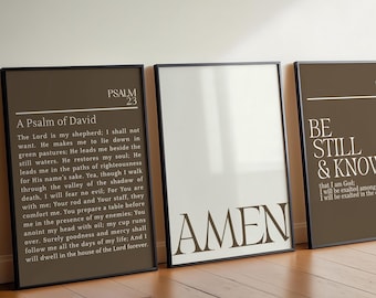 Modern Christian Wall Art Set of 3 - Psalm 23 & 46:10 Neutral Scripture Digital Prints, Faith Home Decor, Printable Bible Verse Bundle
