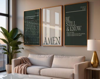 Modern Christian Wall Art Set of 3,Psalm 23 Green Digital Bible Verse Prints, Minimalist Home Decor, Printable Neutral Art, Amen Print