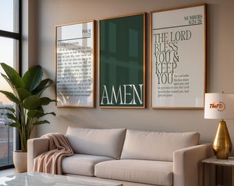 Modern Christian Wall Art Set of 3, Green Faith Prints, Psalm 121, Numbers 6:24, Digital Bible Verse Poster, Minimalist Scripture Home Decor