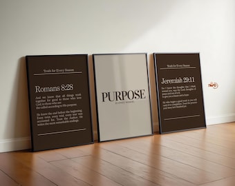 Modern Christian Gallery Wall Set of 3, Romans 8:28 Jeremiah 29 Scripture Print, Digital Bible Verse Wall Art, Neutral Dorm Room Decor