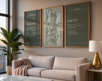 Modern Christian Wall Art Digital, Set of 3 Faith Prints, Printable Green Poster, Scripture Wall Decor, Bible Verse Bundle, Pray Print