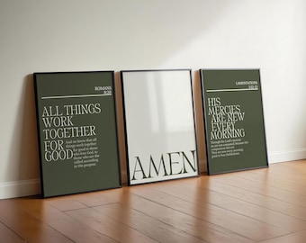 Modern Christian Wall Art Set of 3, Romans 8 Green Digital Bible Verse Prints, Minimalist Home Decor, Printable Neutral Art, Amen Print