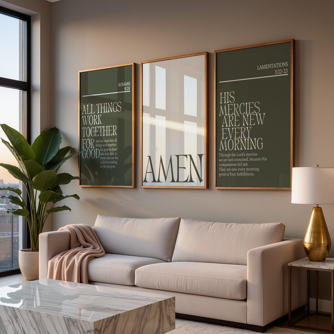 Modern Christian Wall Art Set of 3, Romans 8 Green Digital Bible Verse ...
