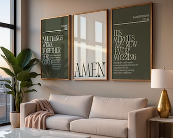 Modern Christian Wall Art Set of 3, Romans 8 Green Digital Bible Verse Prints, Minimalist Home Decor, Printable Neutral Art, Amen Print