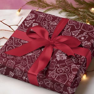 Burgundy Christmas Wrapping Paper, Aesthetic Holiday Gift Wrap with Unique Line Art, Preppy Eco-Friendly Xmas Wrapping