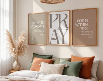 Modern Christian Wall Art Set of 3, Printable Scripture Prints, Neutral Faith Bible Verse Decor, Psalm 46:5 Minimalist Poster