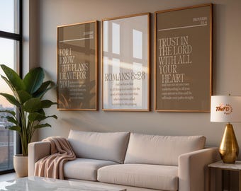 Modern Christian Prints Set of 3, Neutral Faith Wall Art, Minimalist Scripture Decor Gift, Bible Verse Printable, Jeremiah 29:11, Proverbs 3