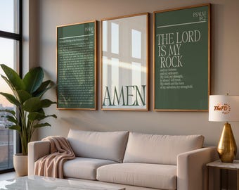 Modern Scripture Home decor, Christian Wall Art Set of 3, Green Faith Poster, Psalm 91 Digital Neutral Bible Verse Art, Amen Print